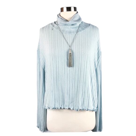 NORDSTROM ABOUND Ribbed Turtleneck Knit Sweater Lettuce Hem Long Sleeves Blue XL - Picture 3 of 9